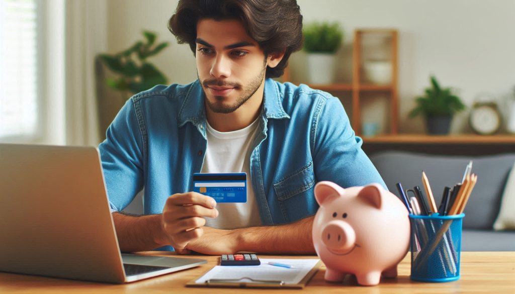 joven con tarjeta ingresando a ver deposito de gratificación